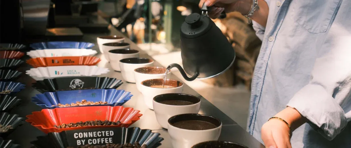 Cupping line at Alrighty Coffee Roastery in Munich: a row of sample bowls being poured with a gooseneck kettle